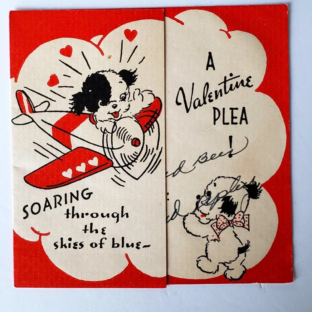 1940s Puppy Dog Flying a Prop Plane A Valentine Plea Valentine's Day Card